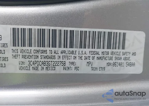 2016 Dodge Journey Se из США, поврежденный, VIN 3C4PDCAB3GT222758